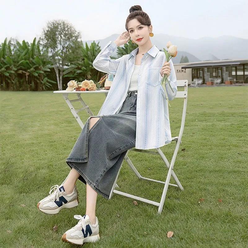 

Women s Sheer Striped Blouse Long Sleeve Loose Fit Casual Lightweight Shirt S синій