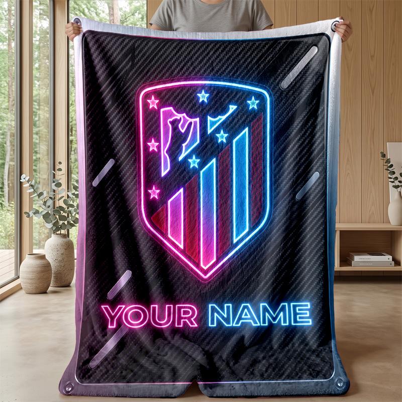 Custom Text Flannel Throw Blanket, Lightweight Cozy Bed Sofa BlanketAtletico Madrid