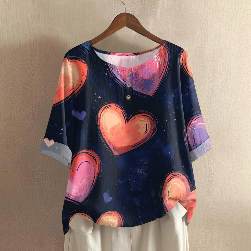 Damska casualowa i wygodna bawełniano-lniana bluzka z okrągłym dekoltem, średniej długości, z modnym nadrukiem