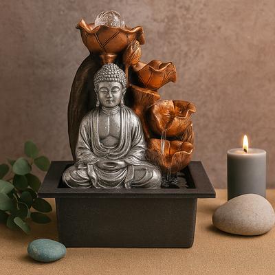 Fonte de Água para Mesa Buda Prateado Bola de Cristal 35cm
