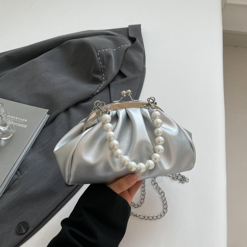 Luxury Pearl Handle Cloud Bag For Women PU Leather Pleated Shoulder Bag Elegant Female Crossbody Bag Clutch Evening Purse