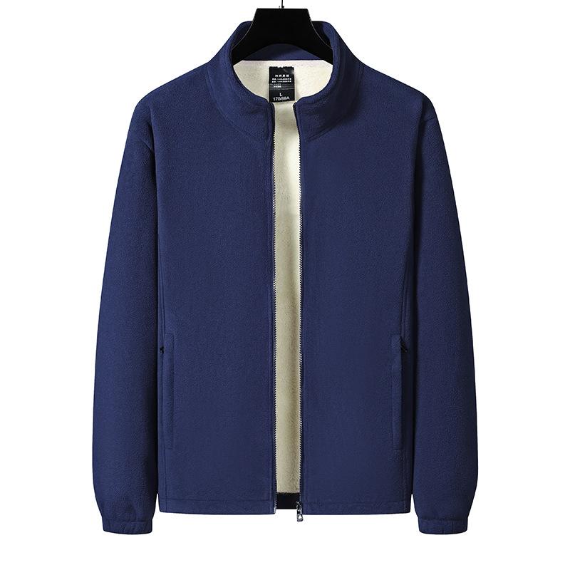 

2025 флисовая утолщенная куртка больших размеров осень и зима мужская среднего возраста однотонная повседневная теплая куртка с капюшоном рубашка топ 5XL темно-синий