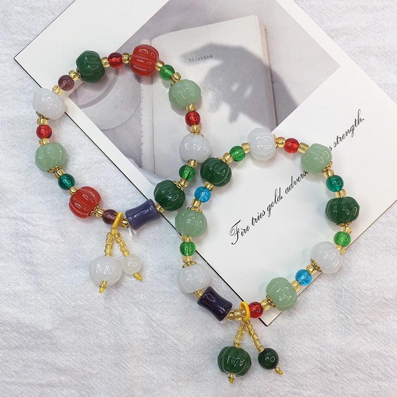 Women's Multi-Color Natural Jade Pumpkin Bead Bracelet