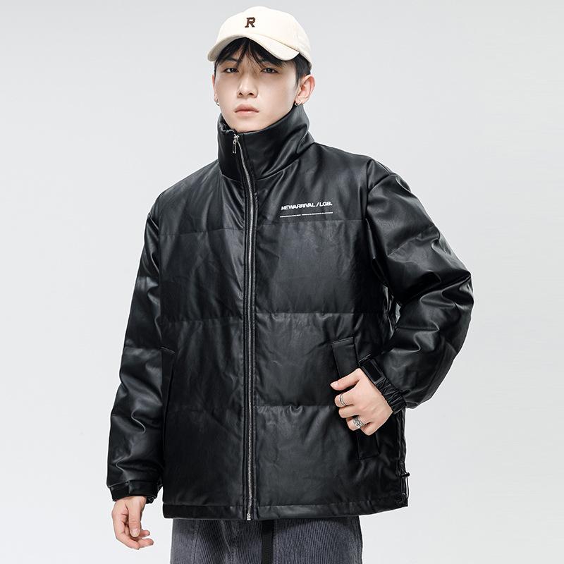 American Trendy Brand Youth Down Jacket Men's New Winter Jacket White Duck Down Pu Leather Couple Men's Stand Collar Jacket
