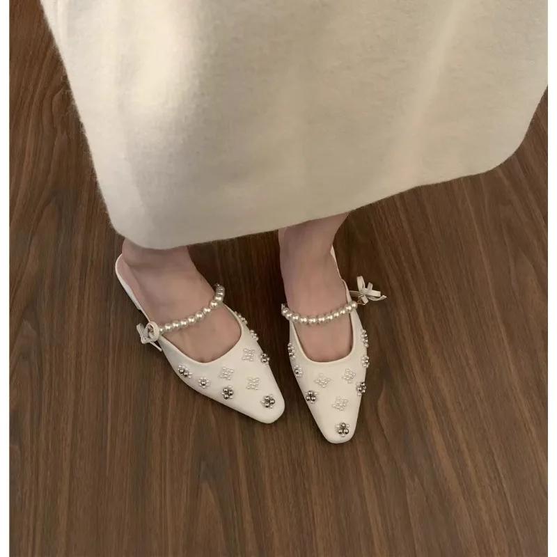 Fashion 2024 New Summer Women Sandals Natural Leather Shoes  Flock+sheepskin Pearl Chain Bow Back Loop Pointed Toe Women Shoes