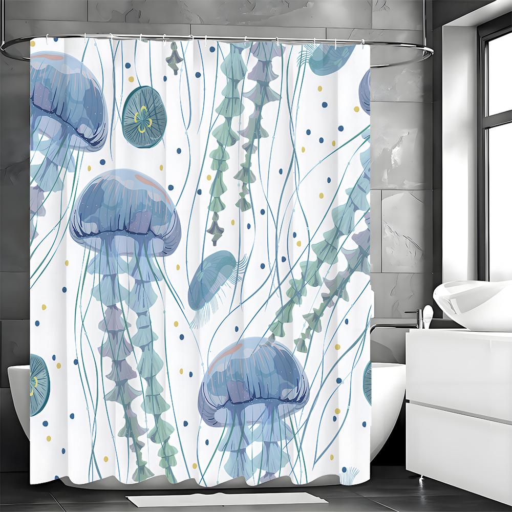 Watercolor Blue Jellyfish Shower Curtain, Bathroom Decorative Shower Curtain, Waterproof Shower Curtain with Hooks