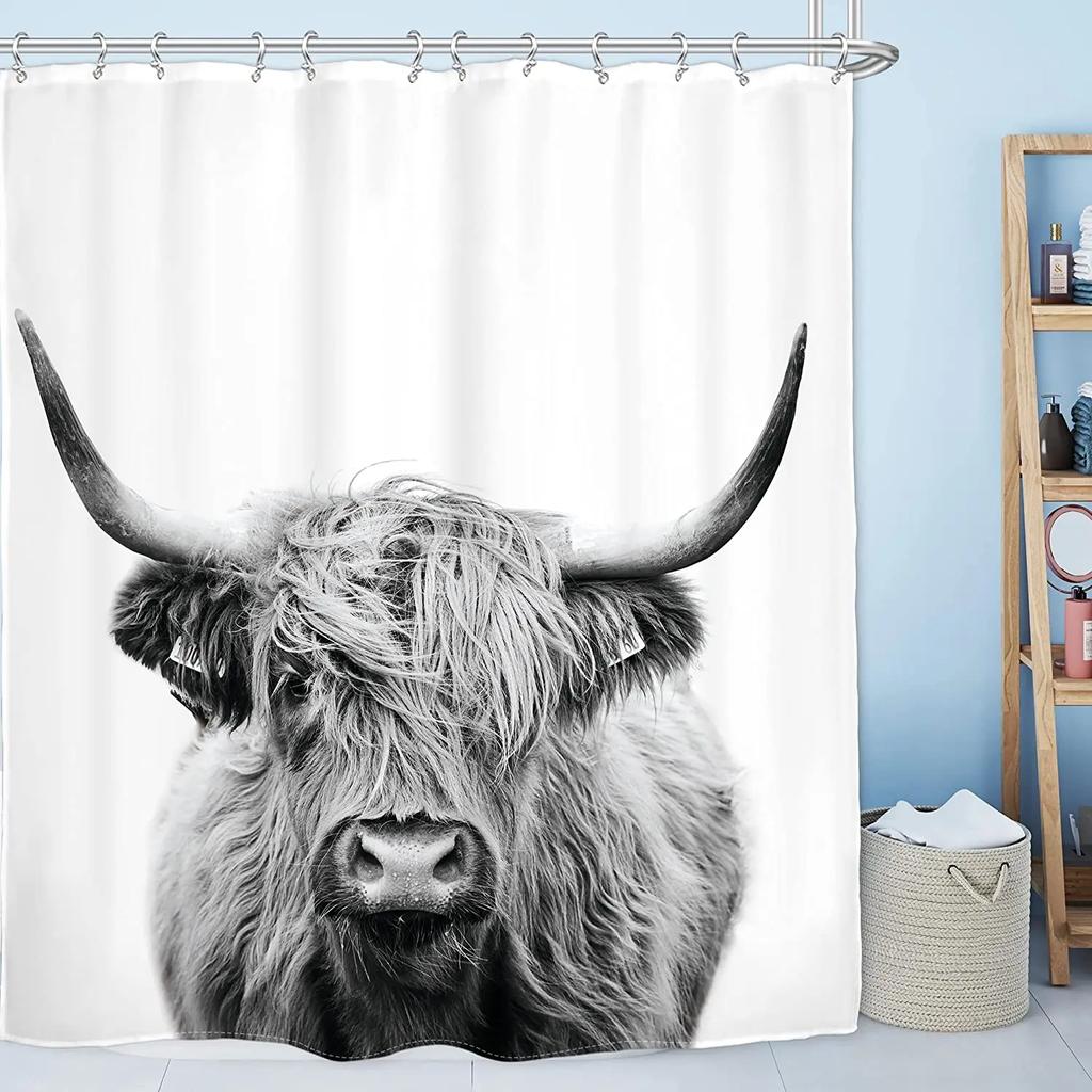 Wood Door Cow Shower Curtain Farm Animal Barn Door Wooden Wheel Pumpkin Sunflower Retro Bath Curtain Bathroom Accessories Set