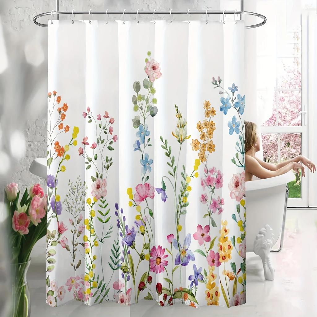 1Pc 180X180Cm Water-Resistant Floral Shower Curtain - Polyester, 12 Hooks, All-Season, Machine Washable, Flower Pattern