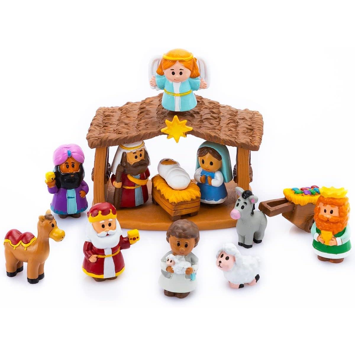 

JOYFY 13 PCS Christmas Little Nativity Playset Reenact Miniature Toys Nativity Set for Kids Christmas Manger Scene Xmas Decor