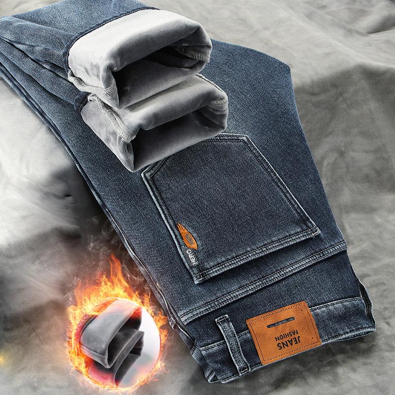 Spring And Autumn Winter New Men'S Plush/Regular Jeans Slimming Straight Stretch Business Versatile Long Pants