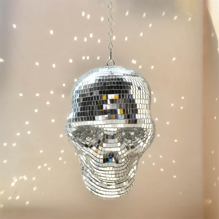 Skull Head Statue Mirrored Figurine Reflective Sparkling Discos Balls Ornament for Halloween Festivals Party Celebration
