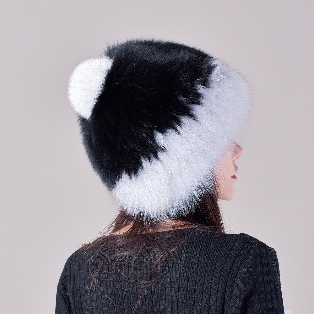Winter hat, female fox fur, leather straw hat, knitted thickened wool hat, sweet and cute, ear protectors to keep warm