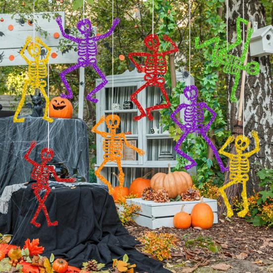 8 Pcs Colorful Hanging Skeleton Decoration Glitter Paper Skeleton Bunting