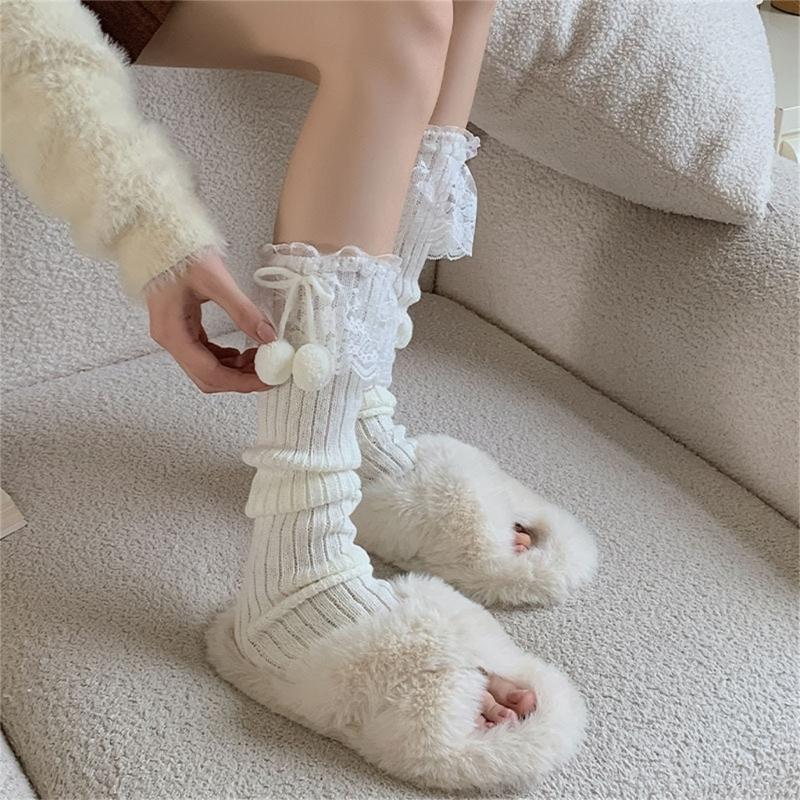 Lolitas Plush Ball Ruffle Frilly Leg Warmers Knitted Leg Sleeves Goth Crochet Ankle Heap Socks JK Uniform Foot Cover