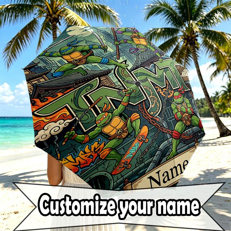 Custom Name Personalized Teenage Mutant Ninja Turtles Print Umbrella, Auto Open Close, 8‑Rib Sturdy Frame, Commute Camping Hiking Use, Birthday Gift