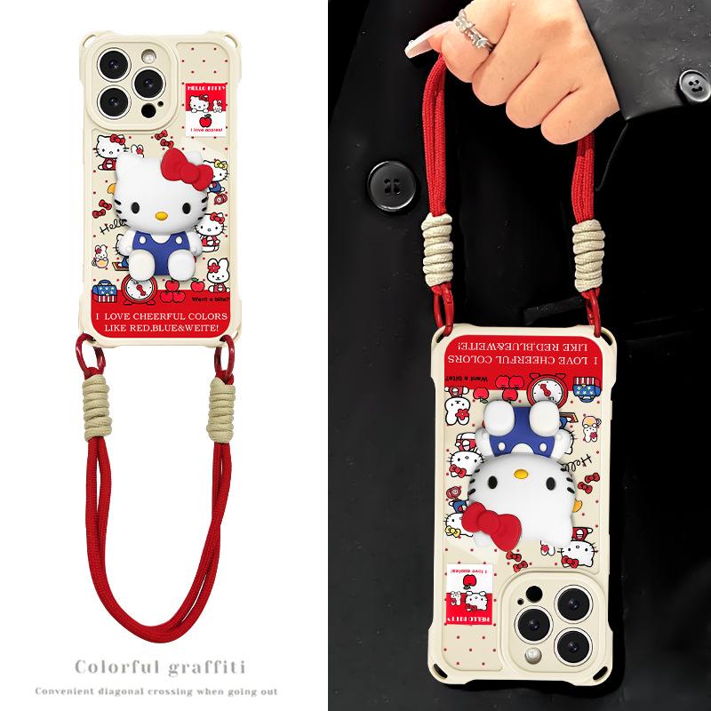 Cute kt cat bracket for apple 16promax mobile phone case iphone14 four-corner lanyard 15 soft silicone 13