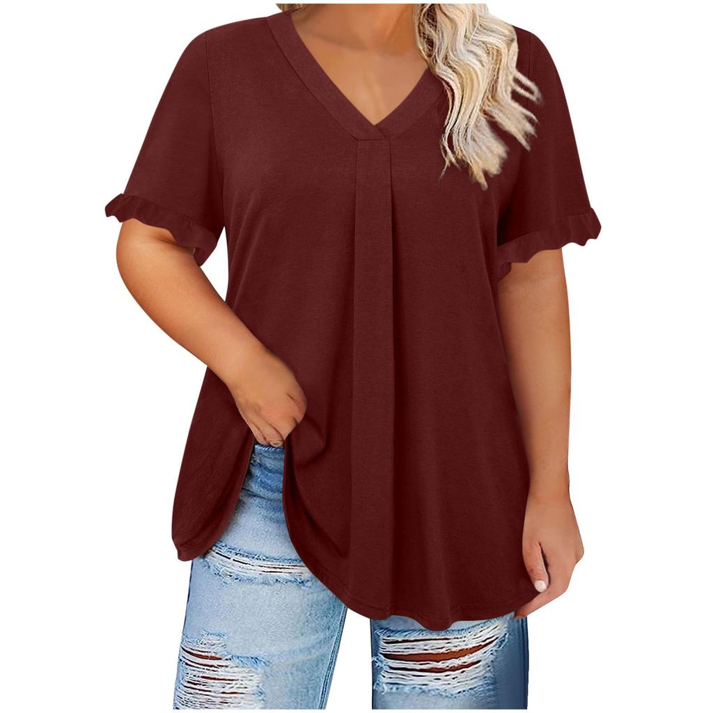 Women S Plus Size Casual Solid Short Sleeve Petal Sleeve V Neck Top