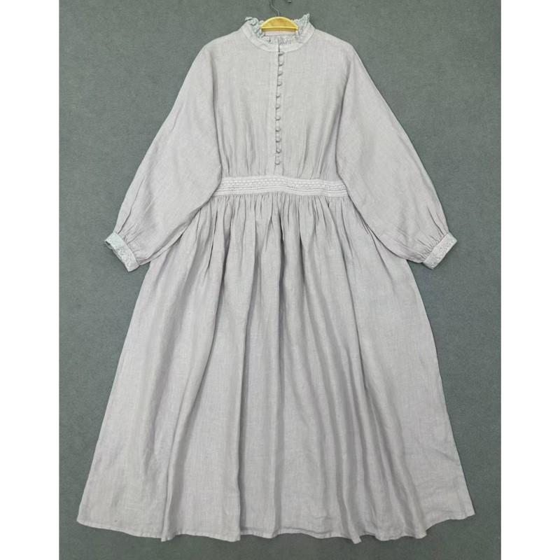 Johnature Spring Long Sleeve Dress Japanese Stand Collar Wood Ear Trim Solid Color Vintage Loose Women Dresses