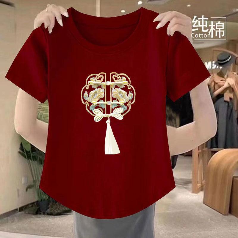 

Новая женская футболка с коротким рукавом в простом китайском стиле, лето 2025, новая, скрывающая живот, с круглым вырезом, с нерегулярным принтом M