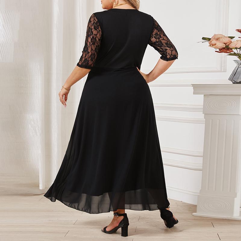 Damen Kleid Spitze Halbarm Sommer Frau Lange Kleider Frühling Casual Maxi Kleid Schwarz O-Ausschnitt Übergröße Kleider