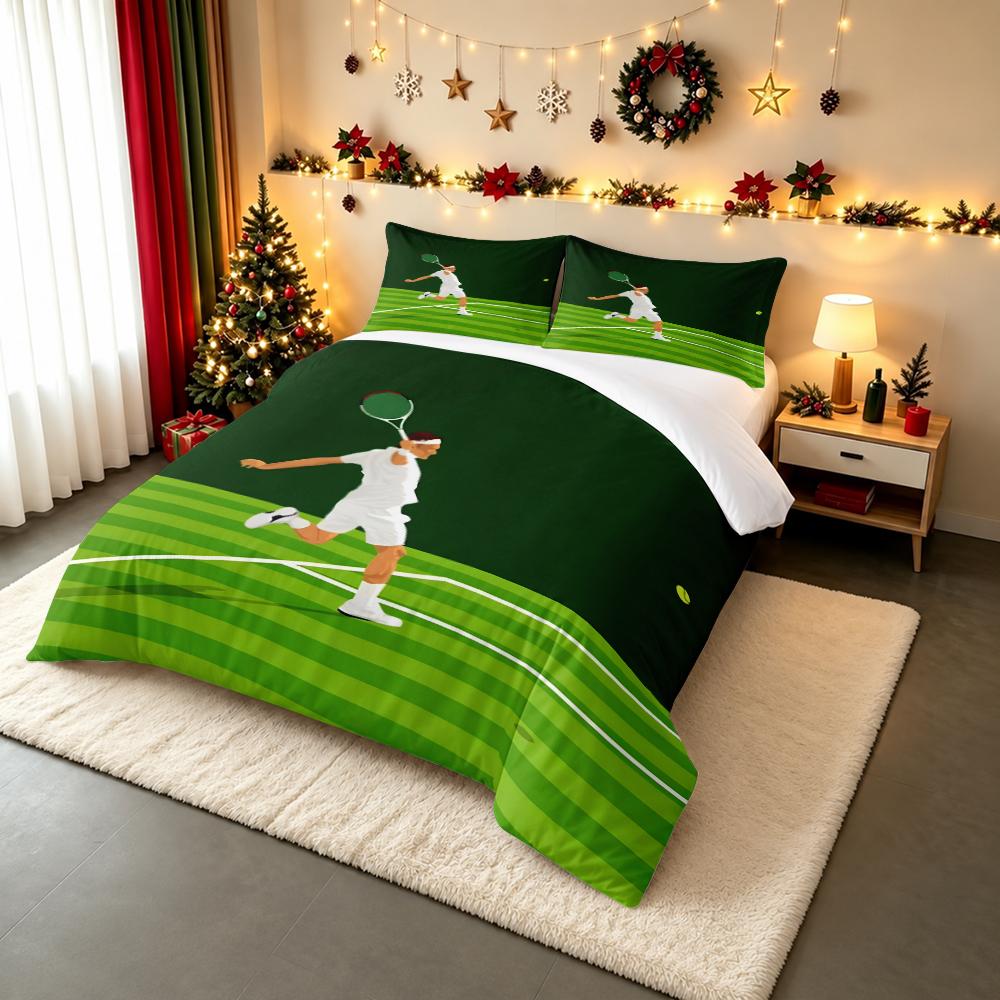 3 Piece Bedding Set Roger Federer Tennis Serve Minimalist Flat Illustration Green Court Duvet Cover for Men Sports