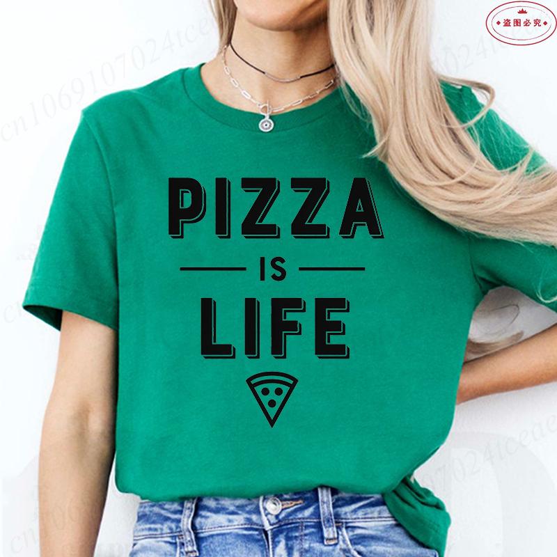 Women's Pizza Lover T-Shirt, 'Pizza Is Life' Retro Block Text Print Tee, Harajuku Short Sleeve O Neck Tops Aesthetic Clothing