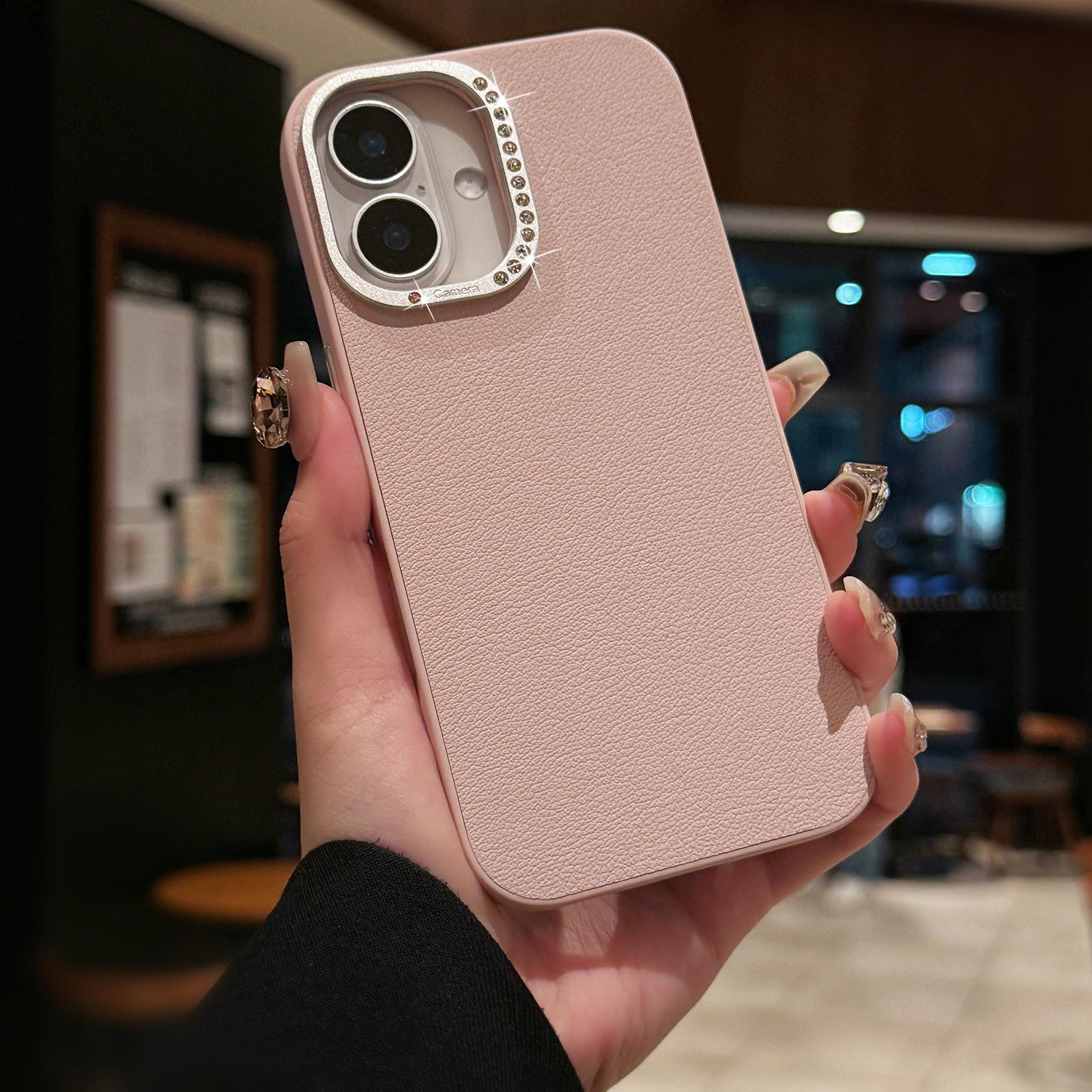 

For iPhone 16 Plus Case Rhinestone Decor Lens Frame Leather+PC Phone Cover Pink