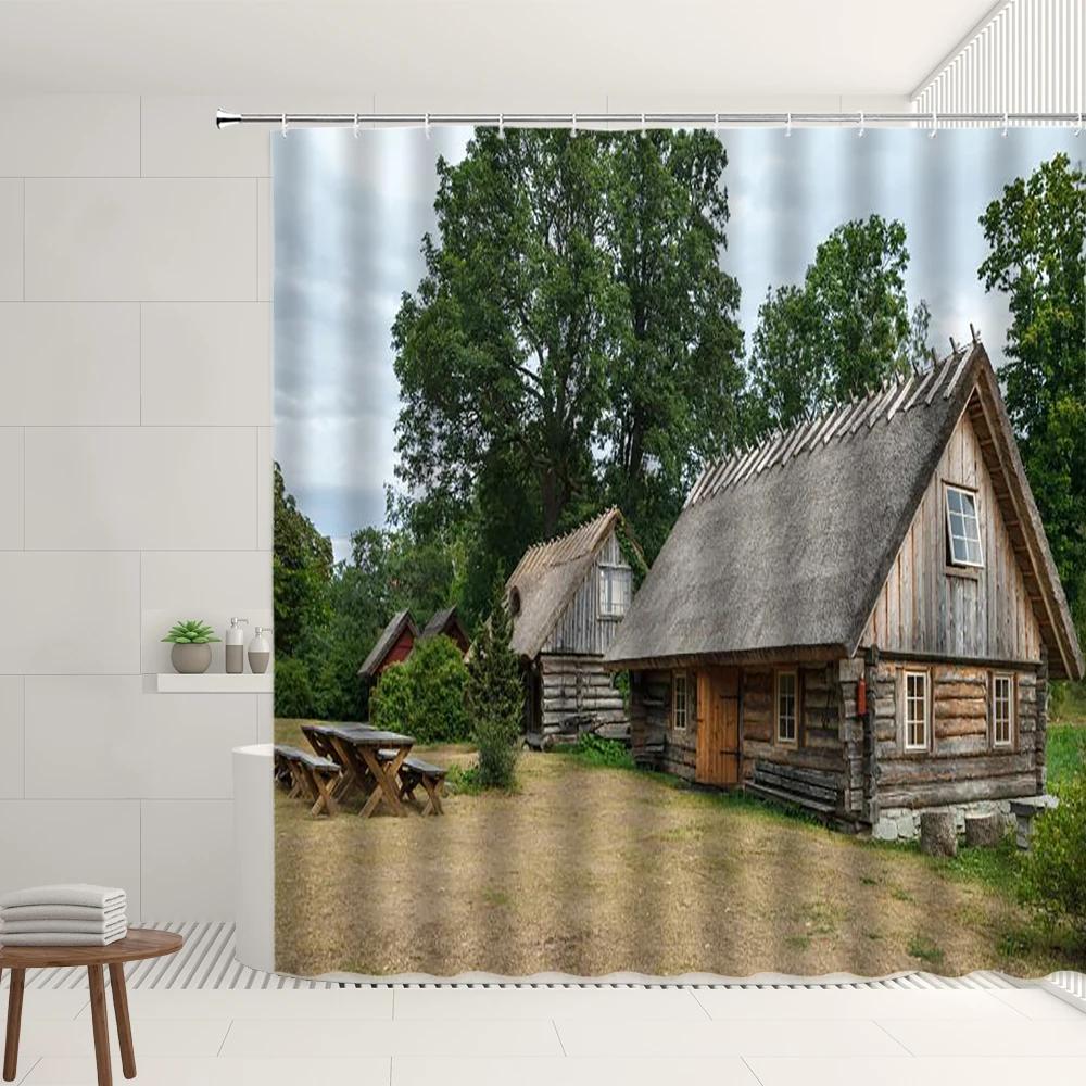 Farm Scenery Shower Curtain Vintage Farmhouse Straw Stack Waterproof Polyester Fabric Bathroom Screen Decoration With Hooks