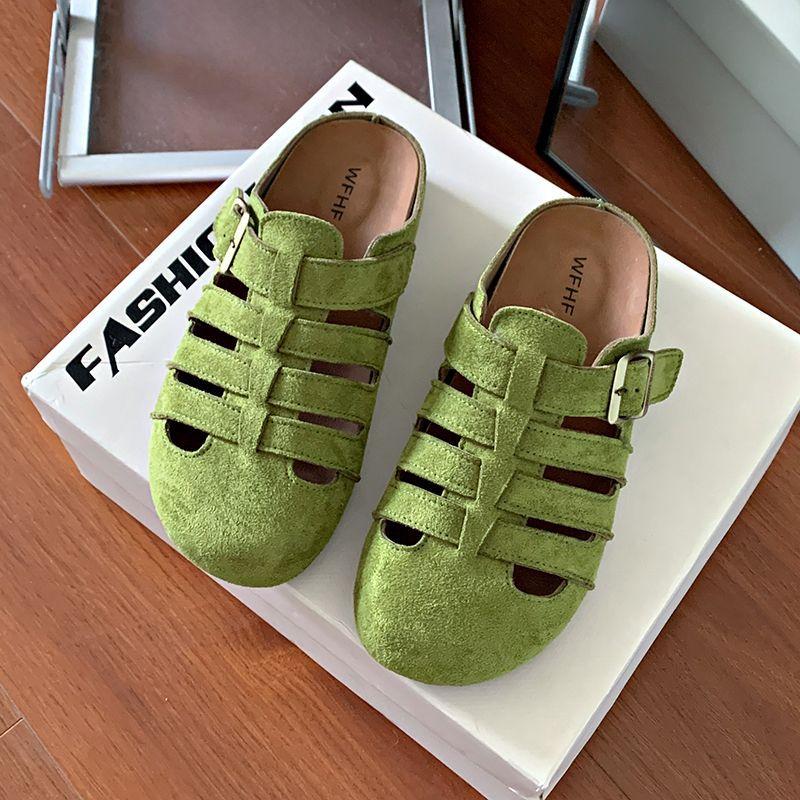 

Полые прохладные тапочки на плоской подошве женские весенне-летние новые легкие для прогулок сумка на носок полушлепки уличные универсальные одинарные туфли 40 зелёный