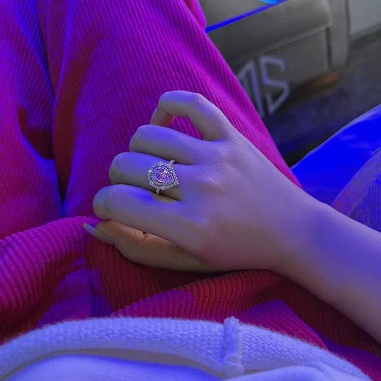 New Luxury Pink Water Drop Lad Diamond Ring Romantic    Open Engagement Valentine'S Day Jewelry Gifts