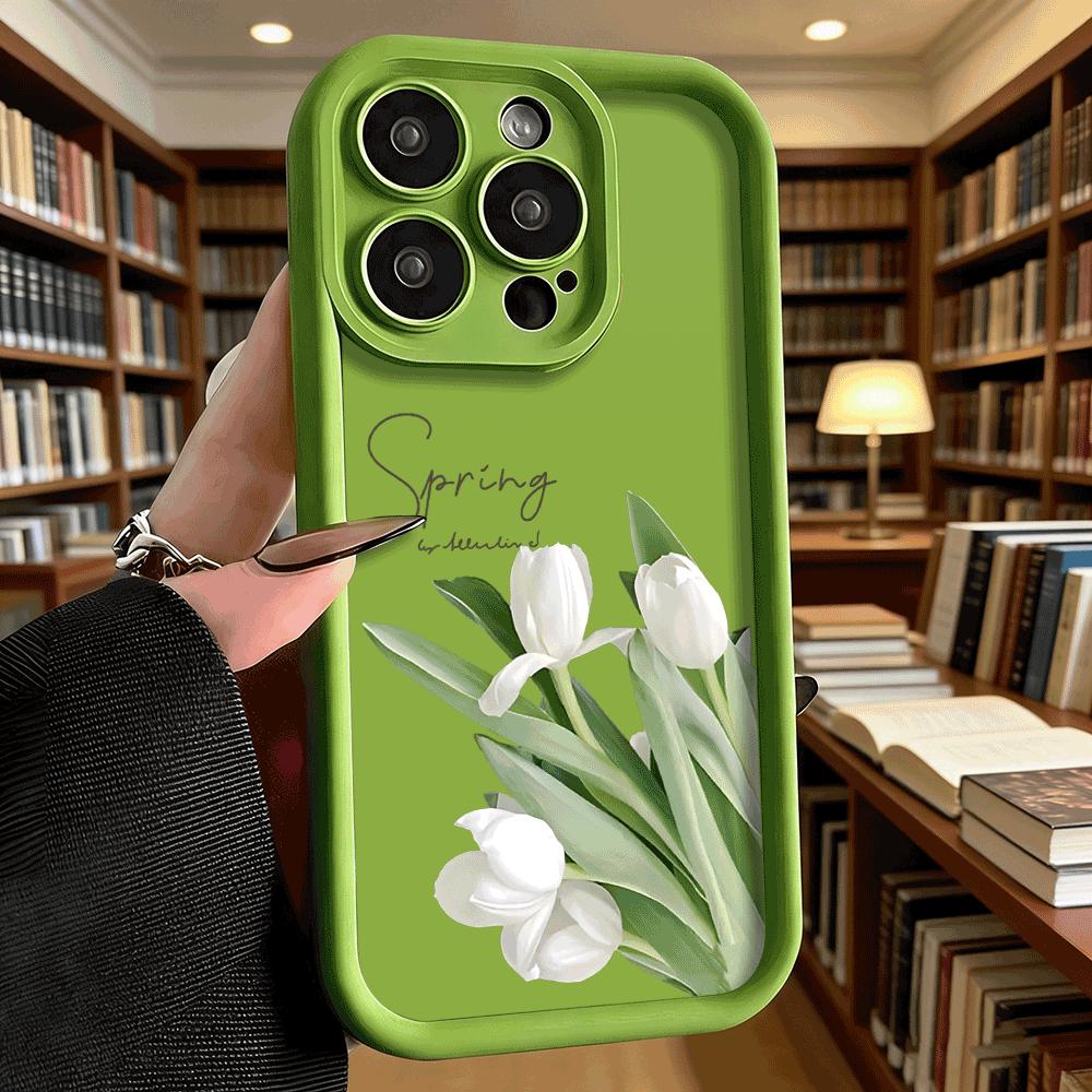 White Tulips with 'Spring' Text Soft TPU Phone Case for iPhone 17 16 15 14 13 12 11 Pro Max Plus Shockproof Anti-Slip Cover
