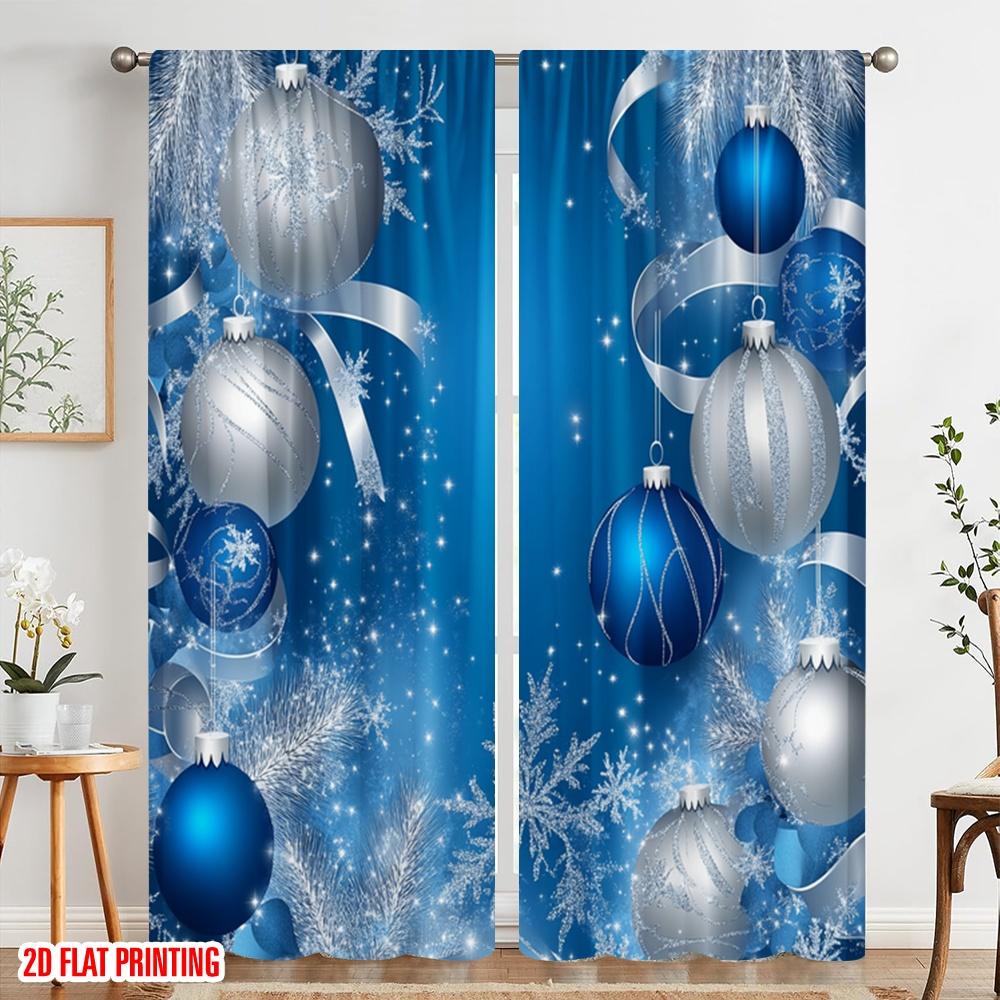 2pcs,2D plane printing Pattern Curtains Blue Silver Christmas Ornaments 100% Polyester (without rod) All Seasons Perfect for