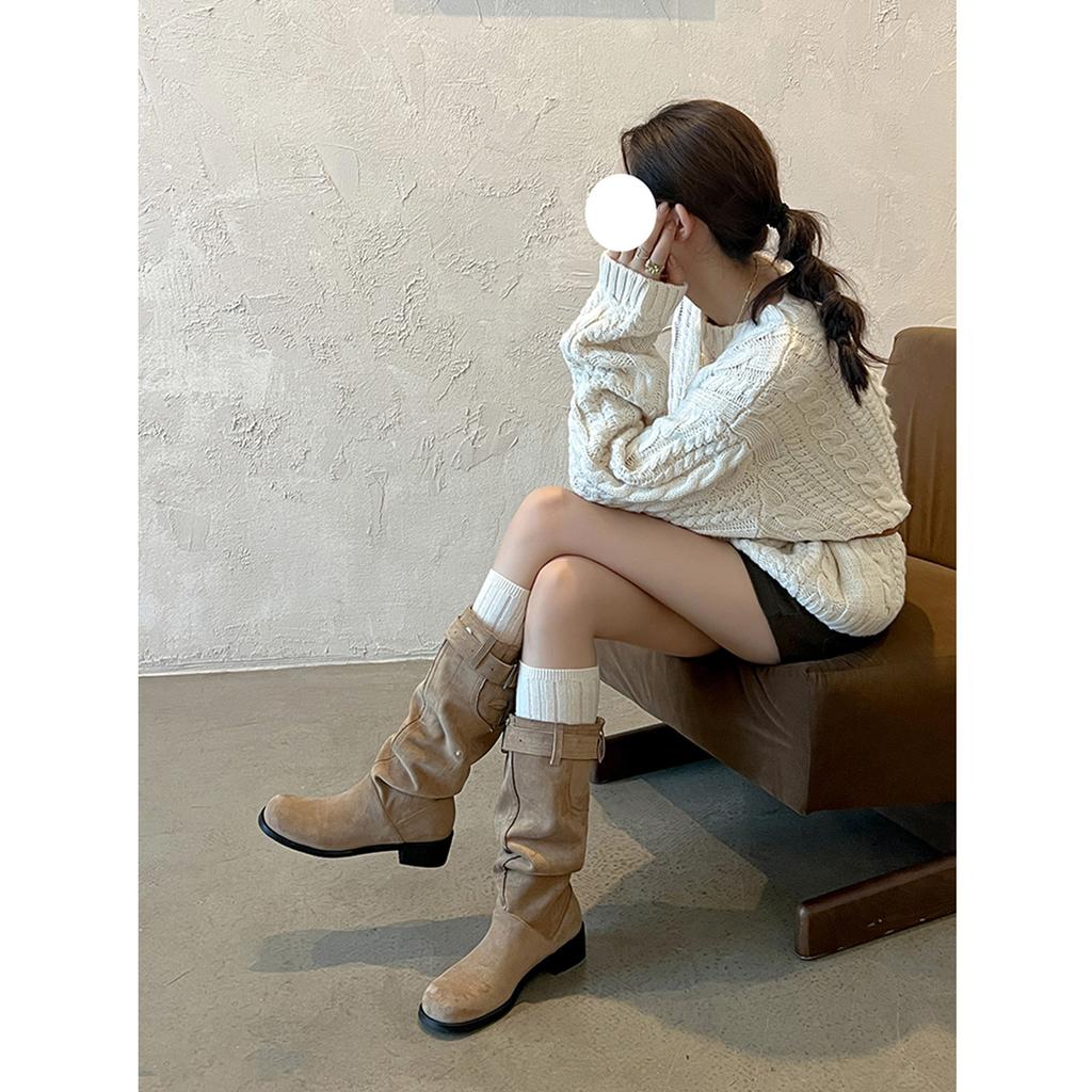 Maillard Pleated Pile Boots Women's Thick Heel Skinny Versatile Fashion Boots But Knee Boots Women's Western Knight Boots
