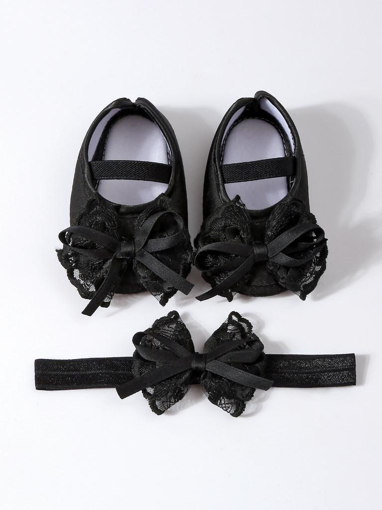 Elegant Lace Pearl Tulle Bow Baby Crib Shoes Matching Stretch Headband Set, Non-Slip Flexible Sole Toddler First Walkers Princess Outfit Accessory