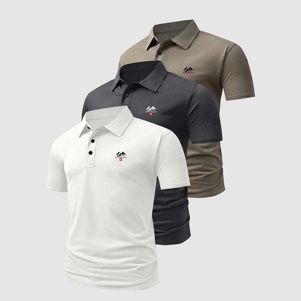 Herren 3er-Pack Waffelstrick-Poloshirts Bergmotiv Lässige Kurzarm-Oberteile Weich Dehnbar Tägliche Kleidung