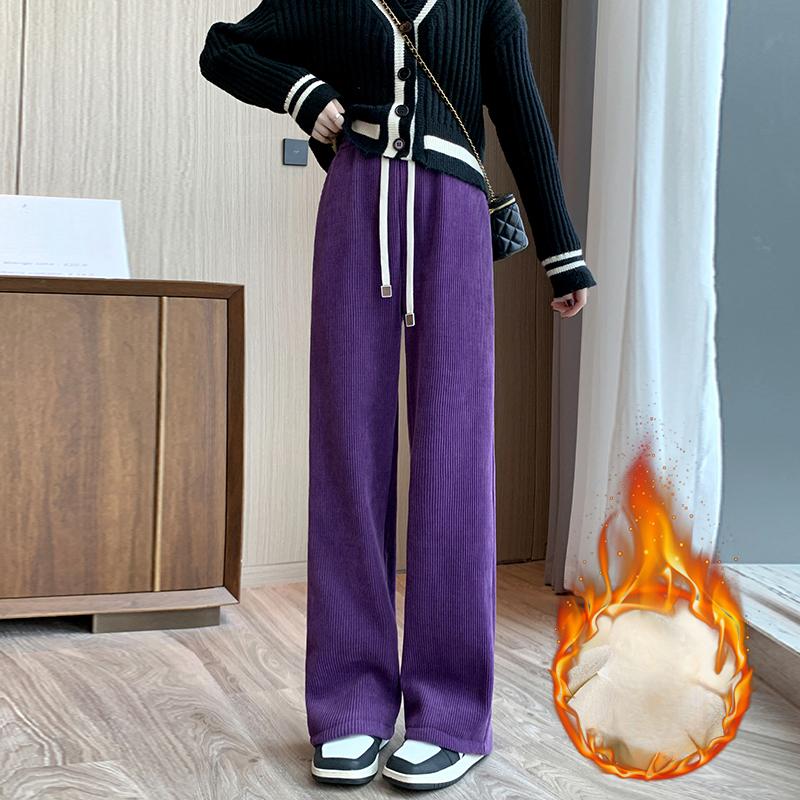 Autumn Straight Casual Loose Wide Leg Pants Women Fashion Winter High Waist Velvet Chenille Pants Ladies Elegant Drawstring Corduroy Trousers 25697