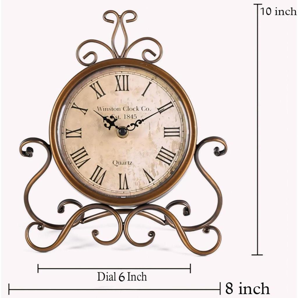 Table Clock Antique Style 10 in dial 6 in Desk Clock Art Unique for Home Office Decor Iron Metal Glass Colour (Antique) (Antiquee)