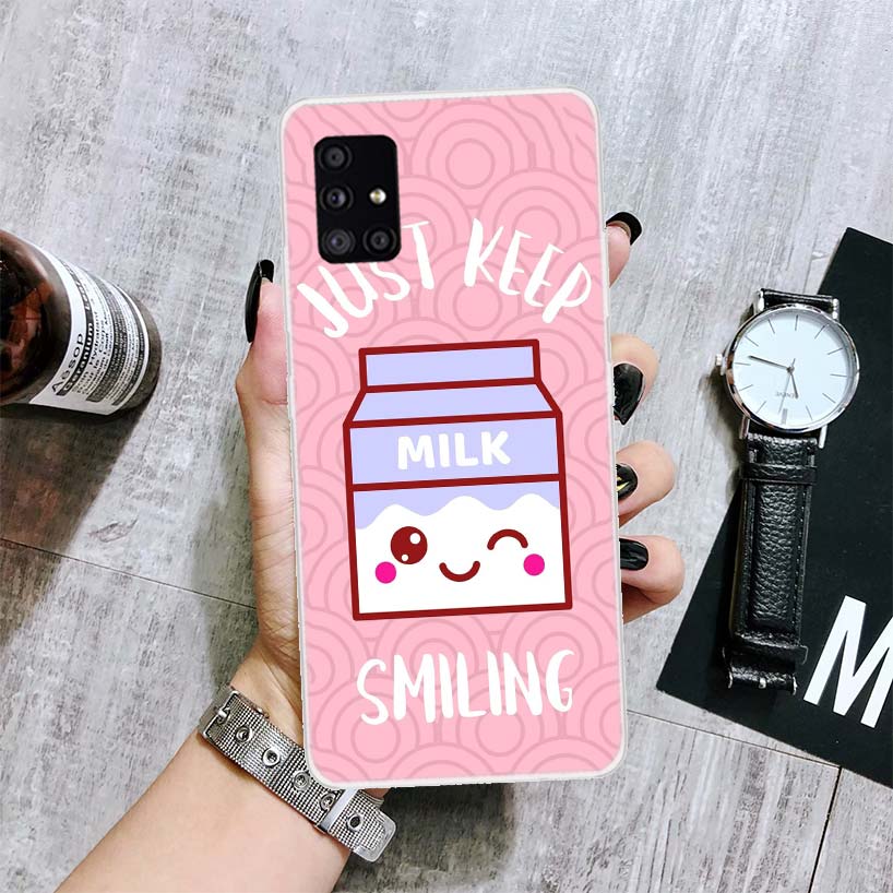 Kawaii Japanese Strawberry Milk Box Phone Case For Samsung Galaxy A14 A15 A13 A12 A54 A55 A53 A52 A04S A24 A25 A23 A22 A34 A35 A