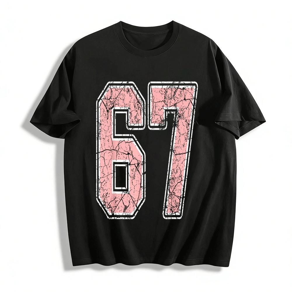Vintage Cracked Number 67 American College Style Casual Print T-Shirt Pure cotton T-shirt XXS