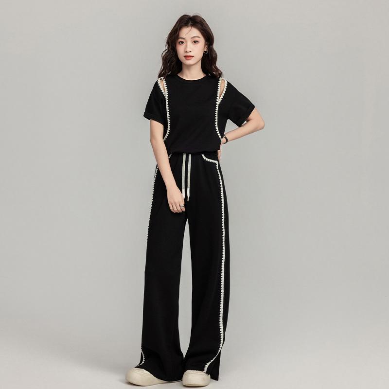 2025 Summer Trendy Sporty Slim Two-Piece Set: Short-Sleeve Top & Wide-Leg Pants