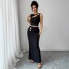 Women Solid Metal Hollow Textured Sleeveless Top Hip Wrap Long Skirt Two Piece Set
