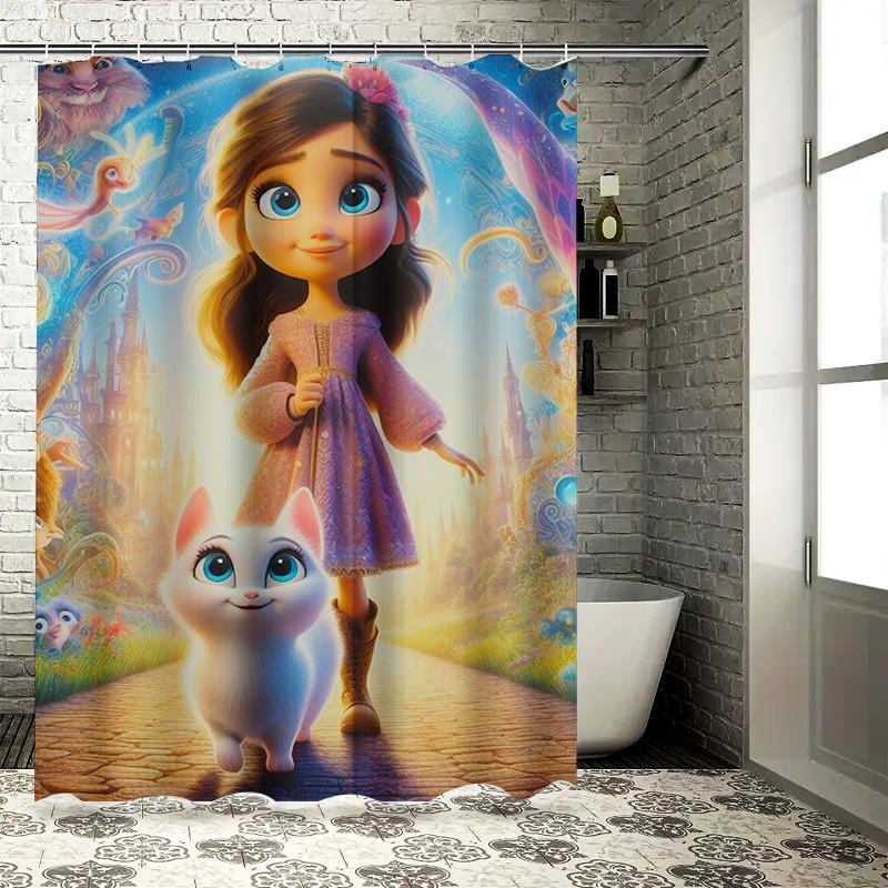 Magical Princess And Cat Shower Curtain | Fantasy Kids' Bathroom Decor