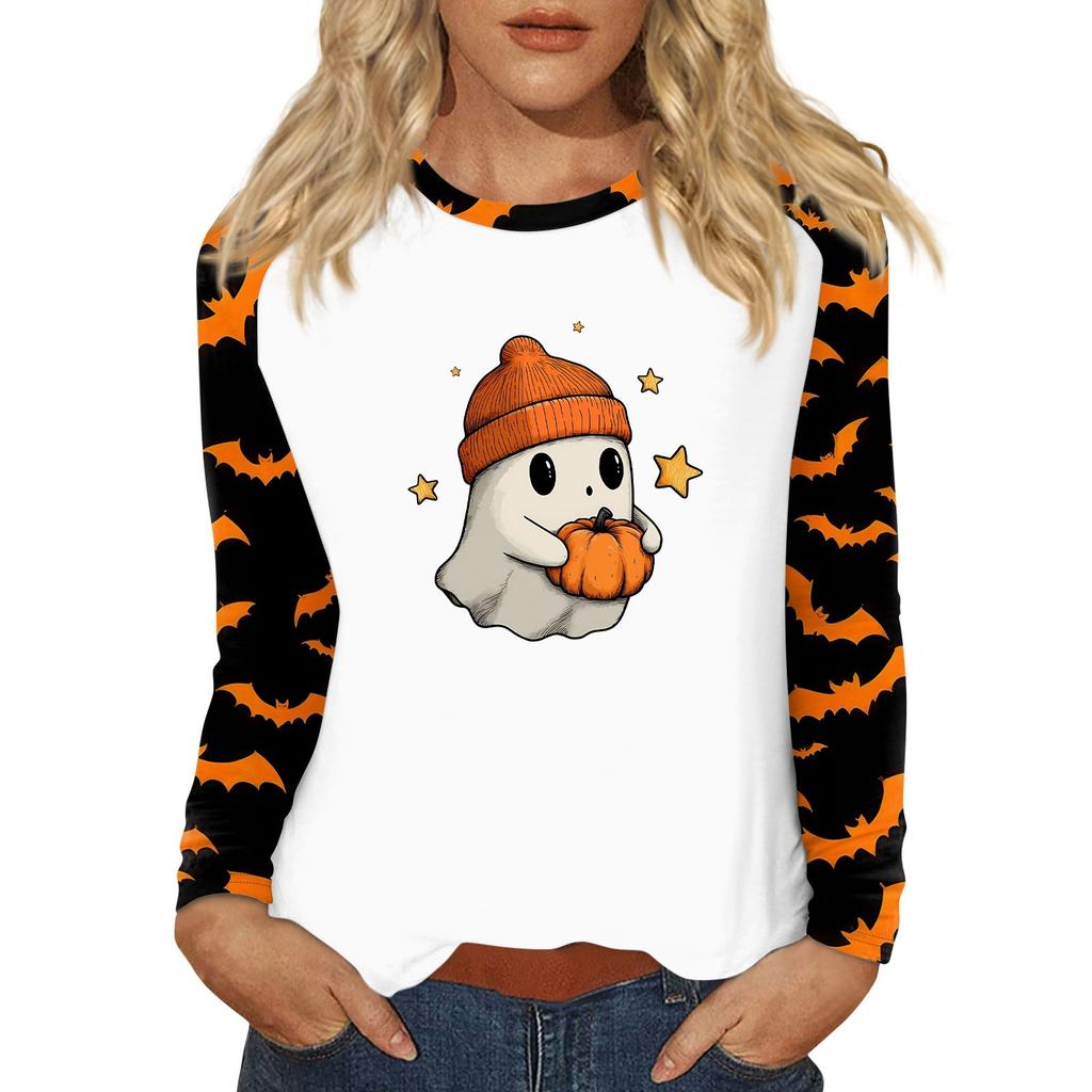 Damen T-Shirt Halloween-Print Langarm Täglich Mode Basic Rundhals Raglanärmel Oberteil