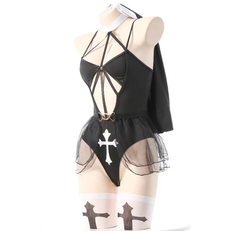 Anime Girl Convent Nun Uniform Women Cross Bodysuit Stockings Outfits Halloween Cosplay Costumes Underwear Role Play Lingerie