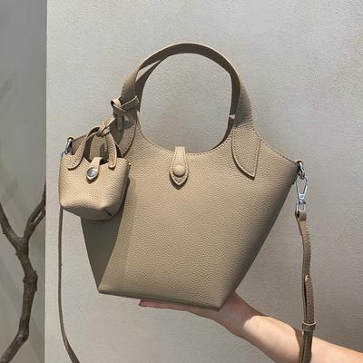 Bolso de Cesta de Verduras de un Solo Hombro Versátil Tipo Cubo Bolso de Cuero Genuino para Mujer Bolso Cruzado