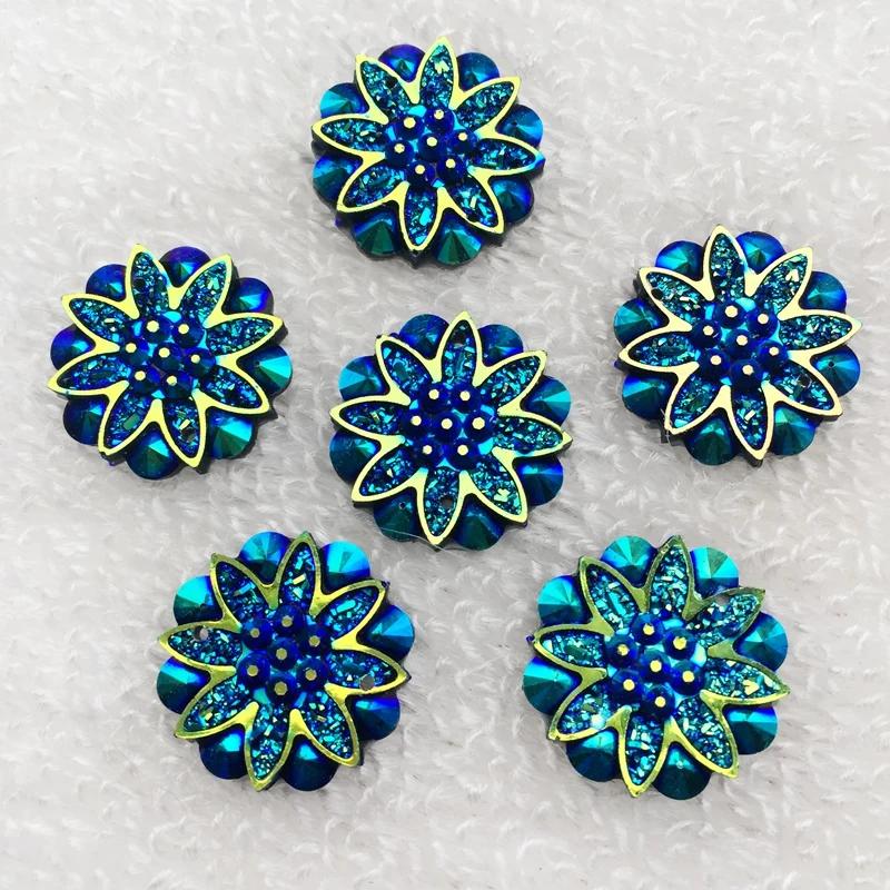 20pcs 18mm Round Flower AB Resin Crystal Strass Applique and  2 Holes Buttons for Diy Clothing - HA27