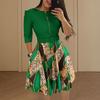 Ladies Dress Zipper Decor Belted Tight Waist Color Matching Print Round Neck Pockets
