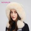 SOMALER Winter Real Fox Fur Hats for Women Fur Pompom Ear Protect Caps Warm Lined Knitted Fur Beanies Fashion Russian Hat