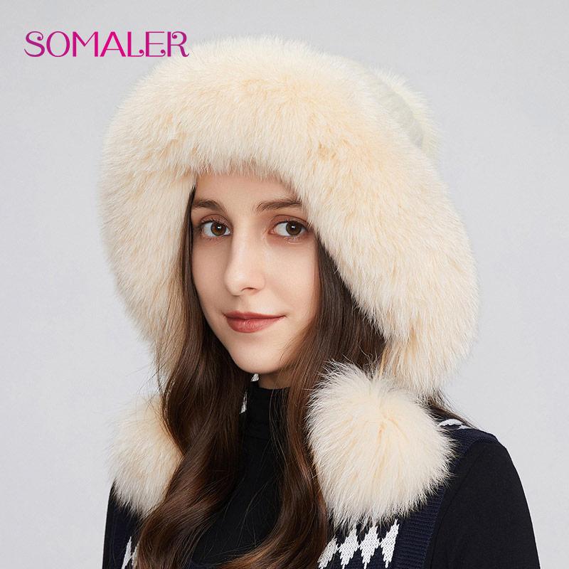 SOMALER Winter Real Fox Fur Hats for Women Fur Pompom Ear Protect Caps Warm Lined Knitted Fur Beanies Fashion Russian Hat