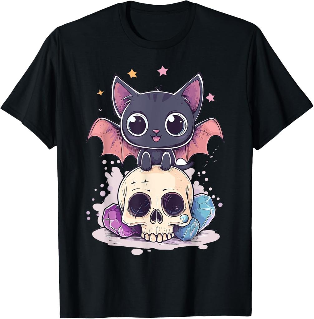 Kawaii Pastel Goth Cute Creepy Cat Bat Skeleton T-Shirt Print Original Design Gifts T Shirts Mens Clothing Camisas Streetwear